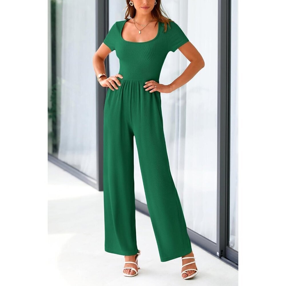 Women's Green Summer Short Sleeve Square Neck Wide Leg Rompers Jumpsuits - Picture 8 of 8